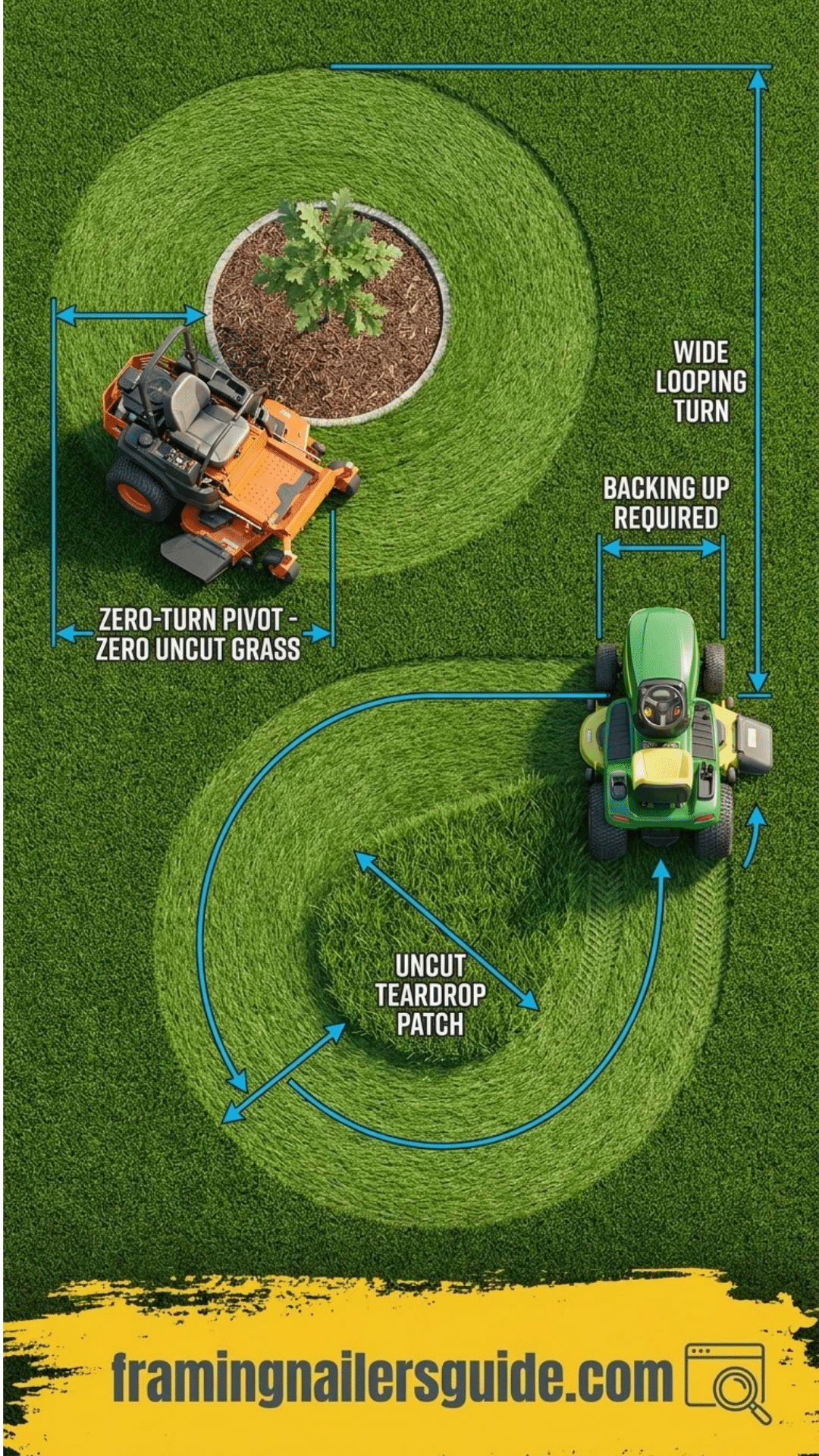 Top-down diagram comparing the 0-inch pivot radius of a zero-turn mower against the wide turning loop of a traditional riding lawn tractor around trees.