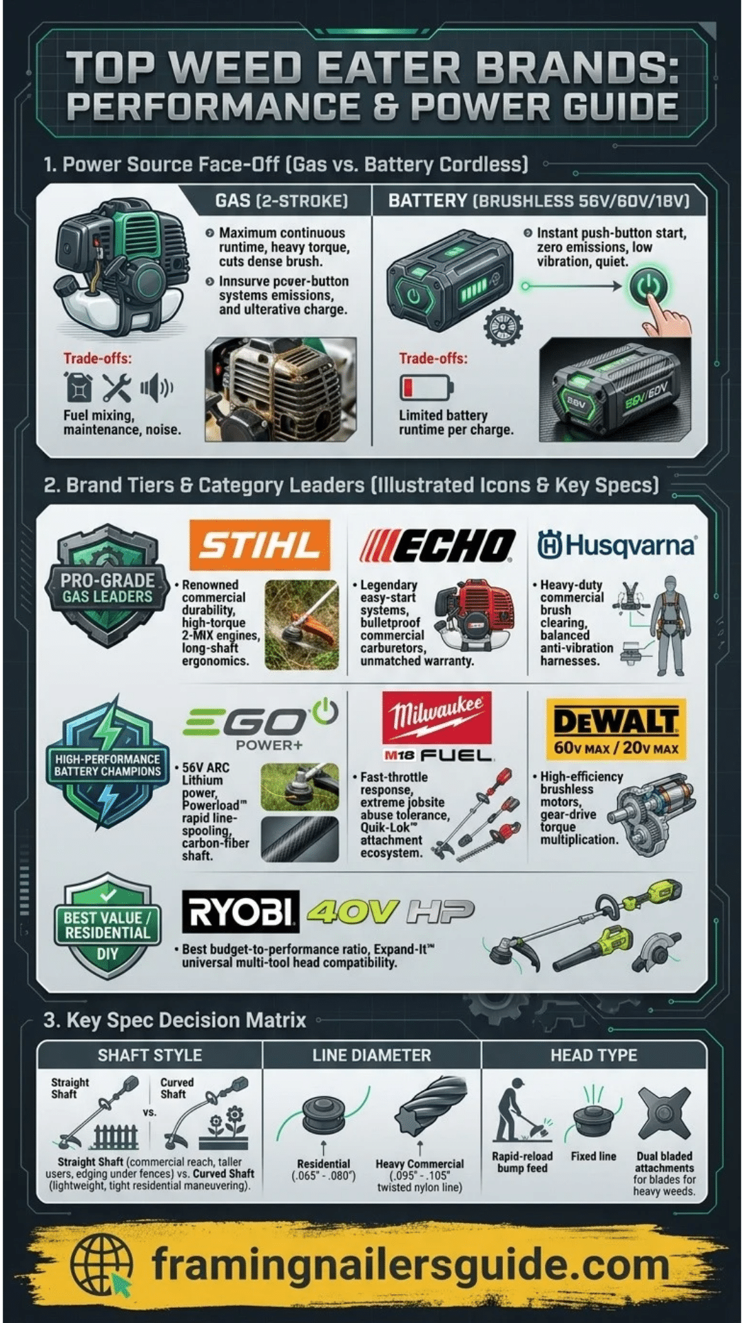 Comprehensive vertical infographic comparing the best gas and battery weed eater brands, features, and buying criteria.