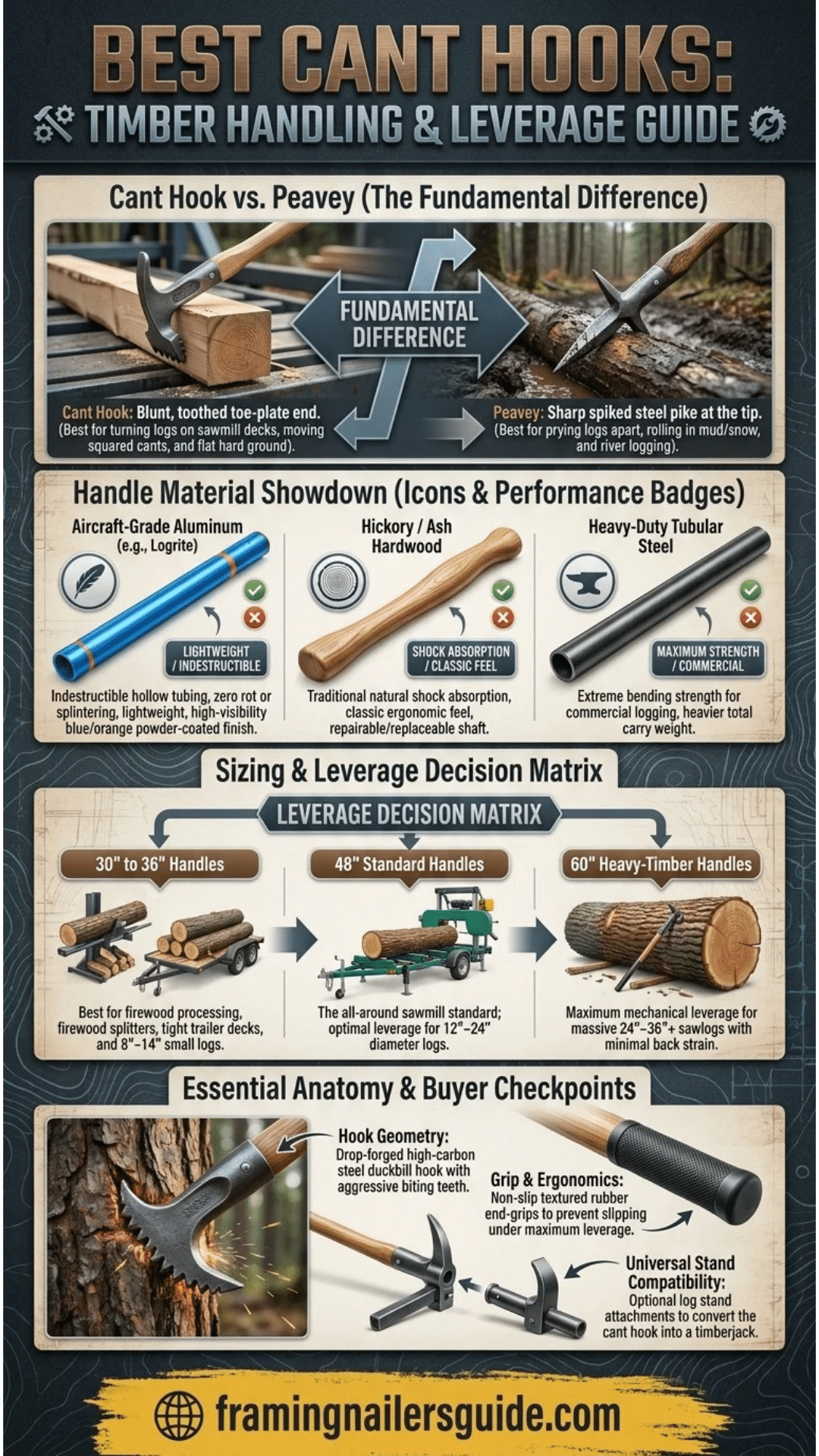 Comprehensive vertical infographic explaining how to choose the best cant hook for logging and sawmills: leverage sizing, handle materials, and cant hook vs. peavey comparison