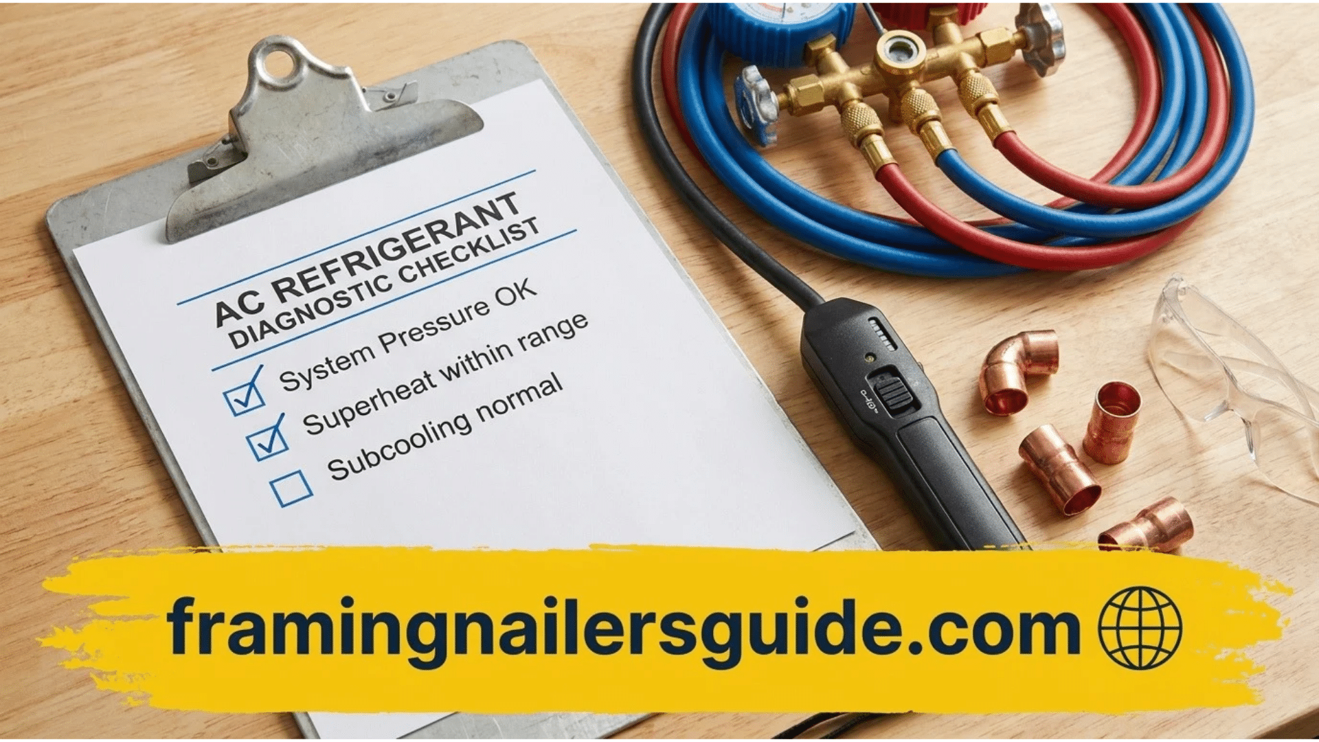 HVAC technician clipboard holding an AC refrigerant diagnostic checklist card next to manifold gauges and copper fittings.