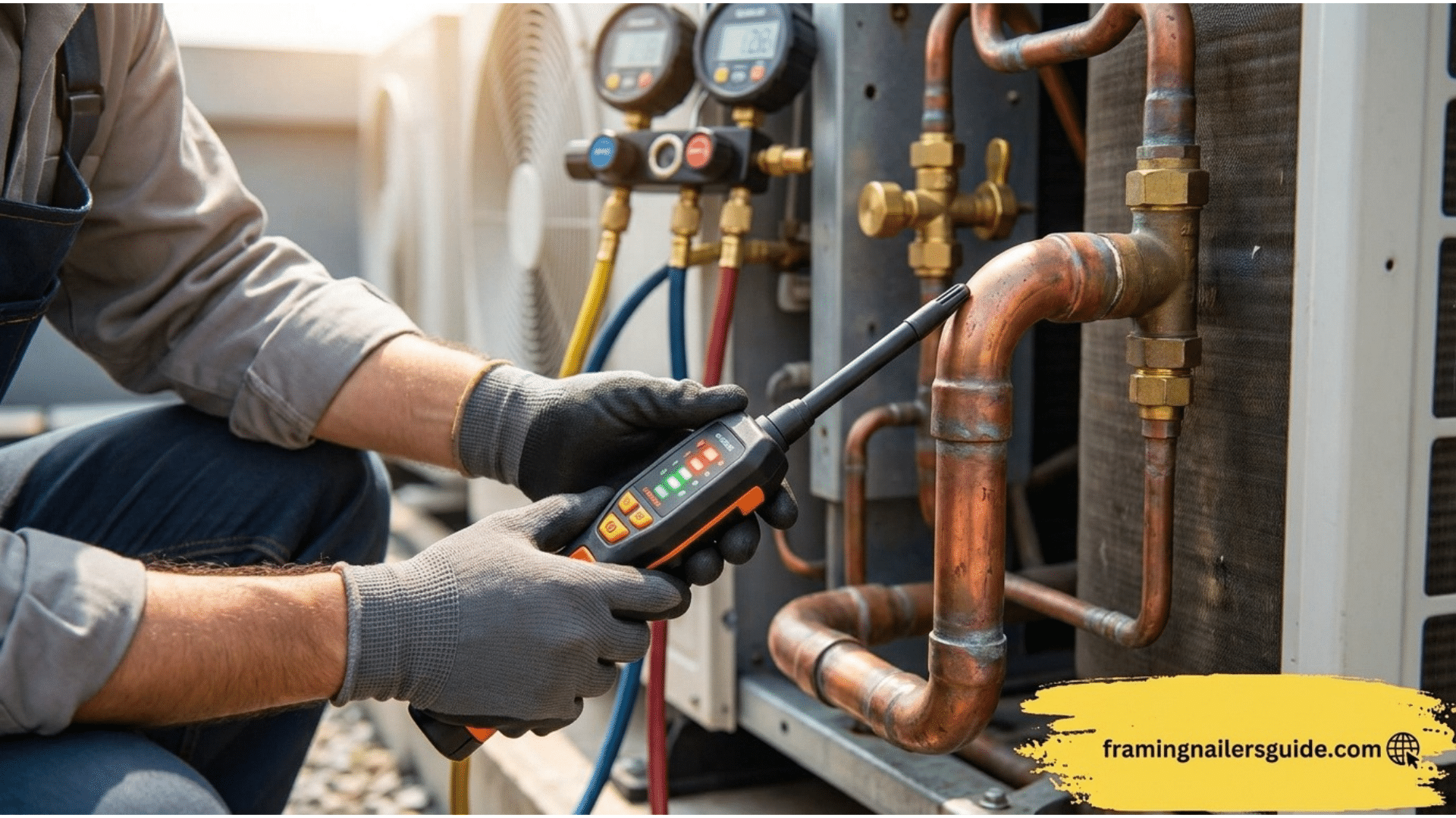 HVAC technician using an electronic halogen leak detector wand along copper AC suction line brazed joints.