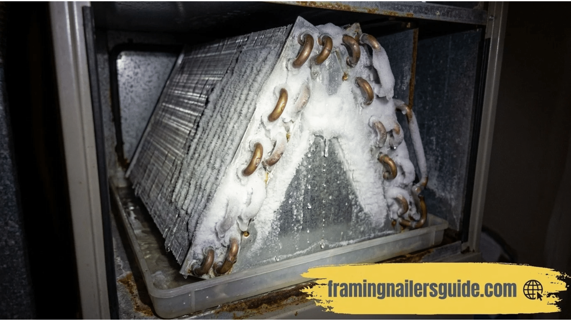 Severe ice and frost buildup on an indoor AC evaporator coil caused by low refrigerant pressure.