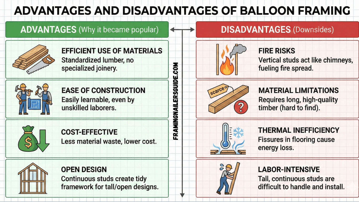 advantages and disadvantages of balloon framing
