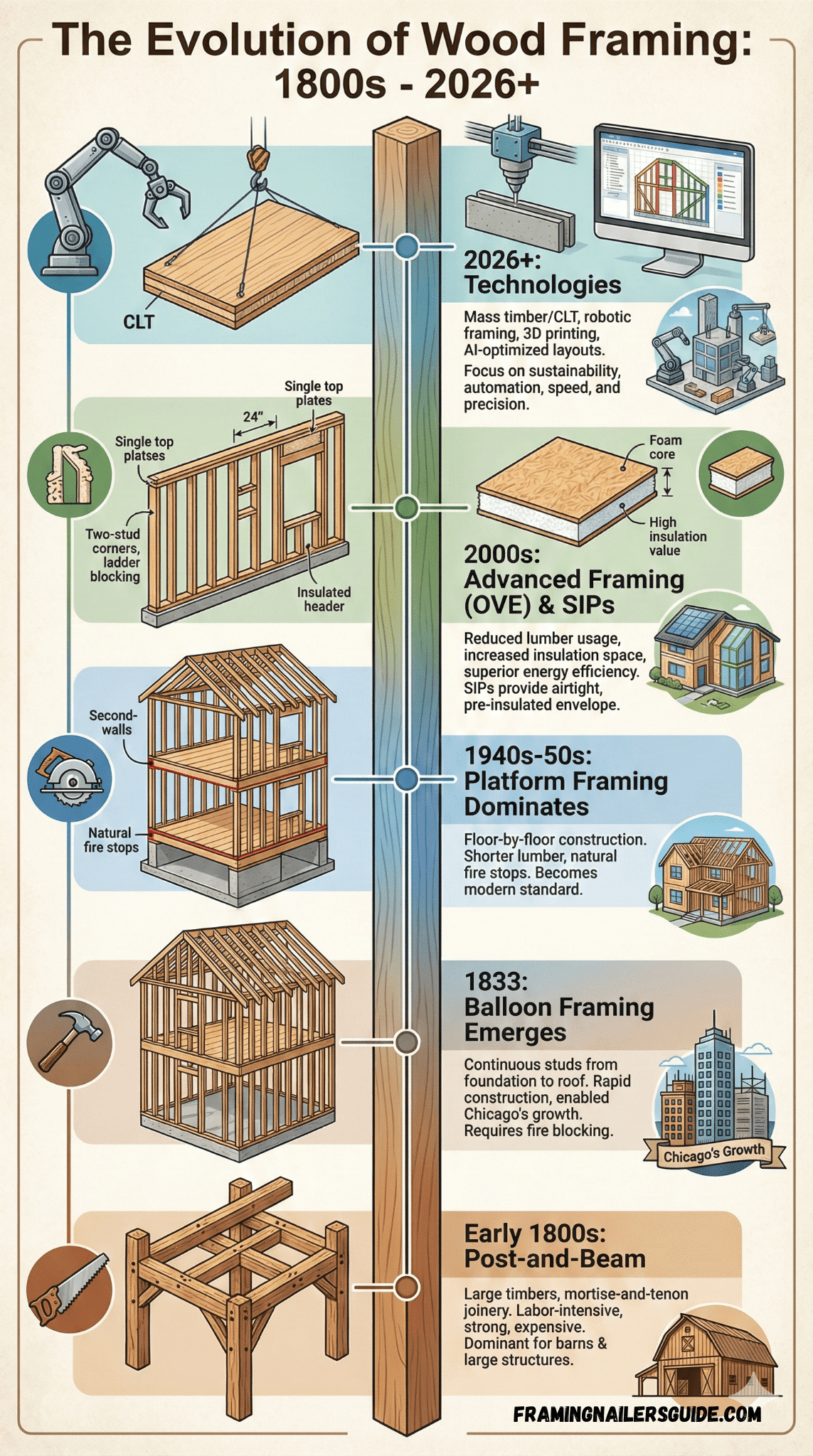 Vertical timeline infographic showing the history of wood framing techniques from 1800s post-and-beam to 2026 emerging technologies like CLT and robotic framing.