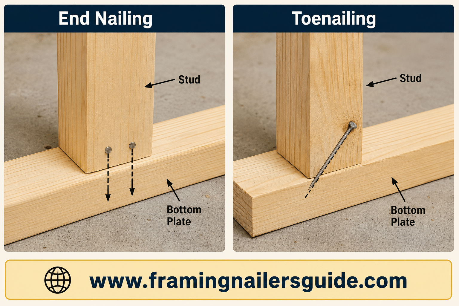 stud to plate nailing Stud to bottom plate nailing showing toenailing and end nailing methods