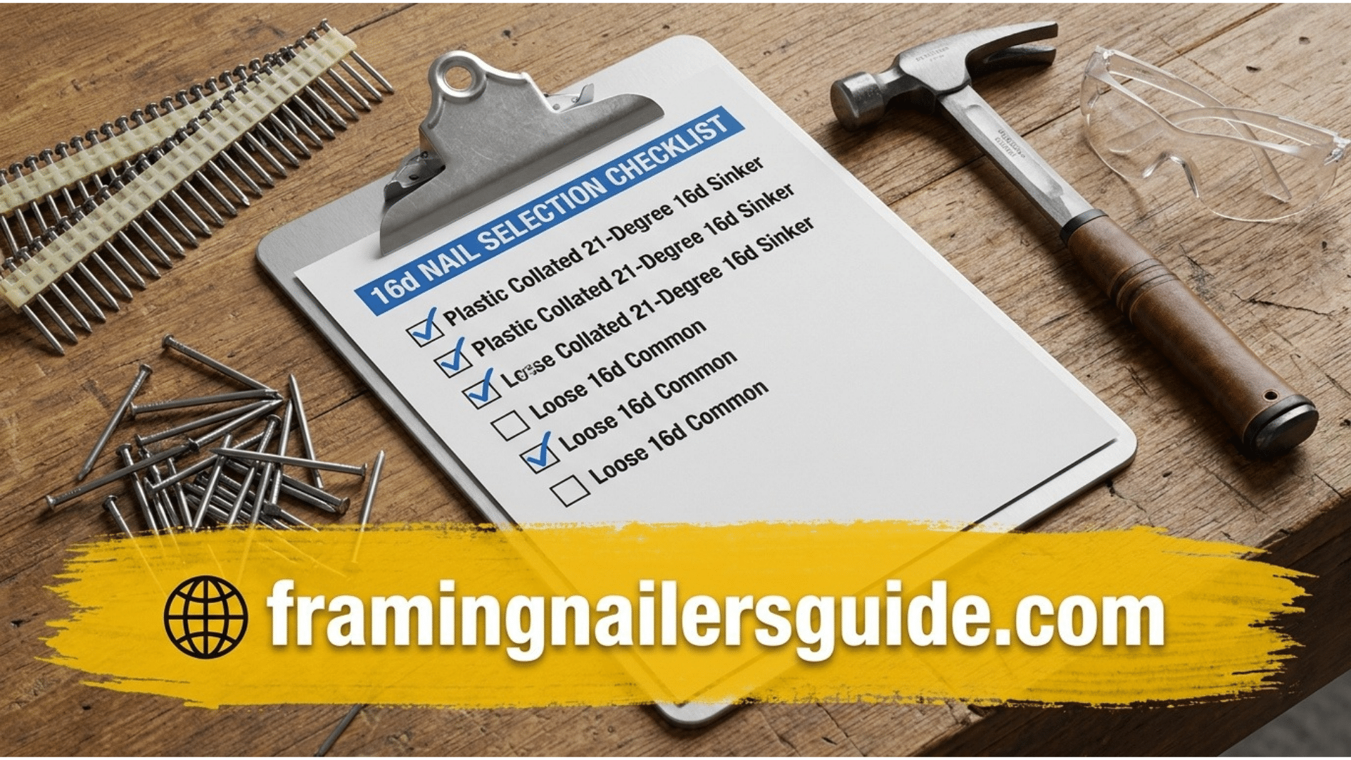 Contractor aluminum clipboard holding a 16d nail code compliance checklist next to collated framing nails and a tape measure.