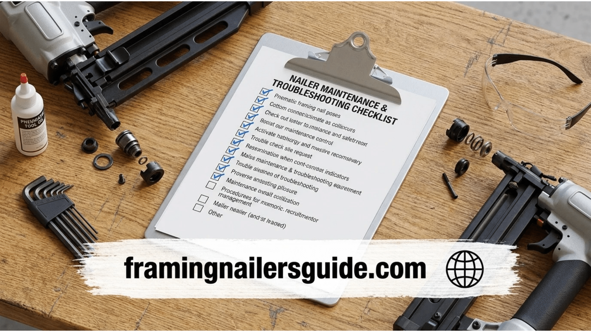 Contractor clipboard holding a framing nailer maintenance and jam-clearing diagnostic checklist on an oak jobsite workbench.