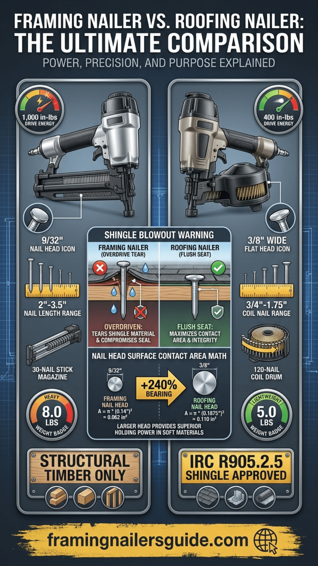 Comprehensive vertical infographic comparing framing nailers vs roofing coil nailers across drive energy, nail head diameter, magazine capacity, and IRC code rules.
