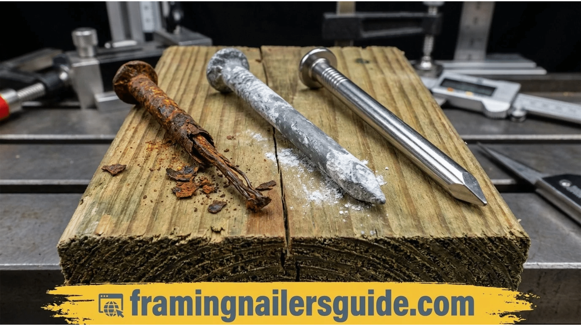 Laboratory metallurgical comparison of a rusted dissolved bright framing nail next to an intact hot-dipped galvanized and stainless steel nail extracted from treated wood