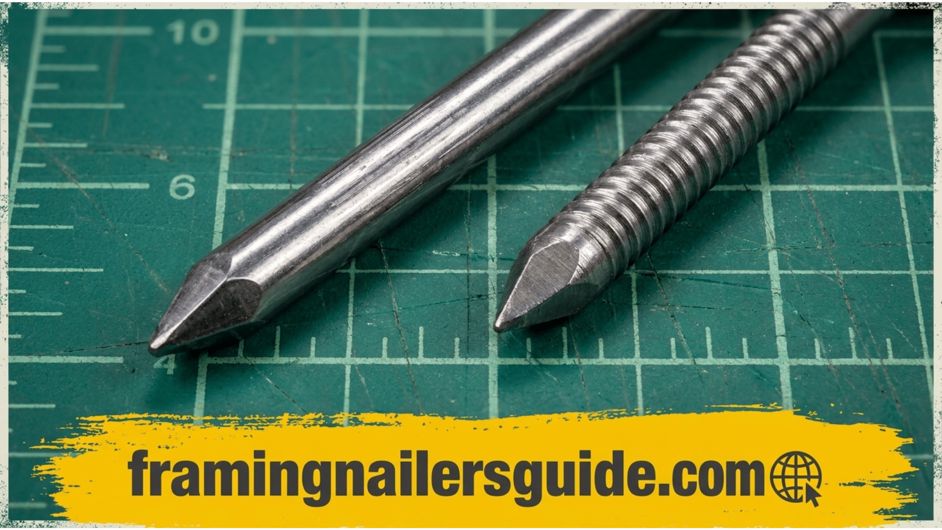 Extreme macro cross-section view comparing smooth steel wire surface to raised annular ring grooves on framing nails