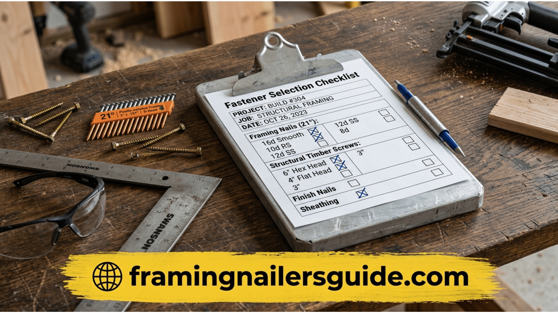 Contractor aluminum clipboard with a jobsite fastener selection checklist card next to timber screws, framing nails, and safety glasses