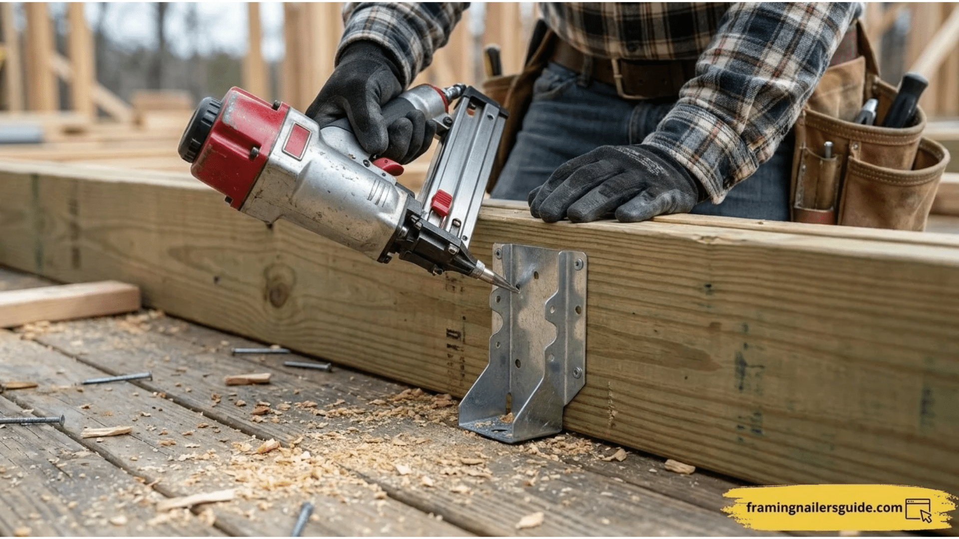 Carpenter using a positive placement metal connector nail gun with exposed probe tip to shoot nails into a joist hanger.