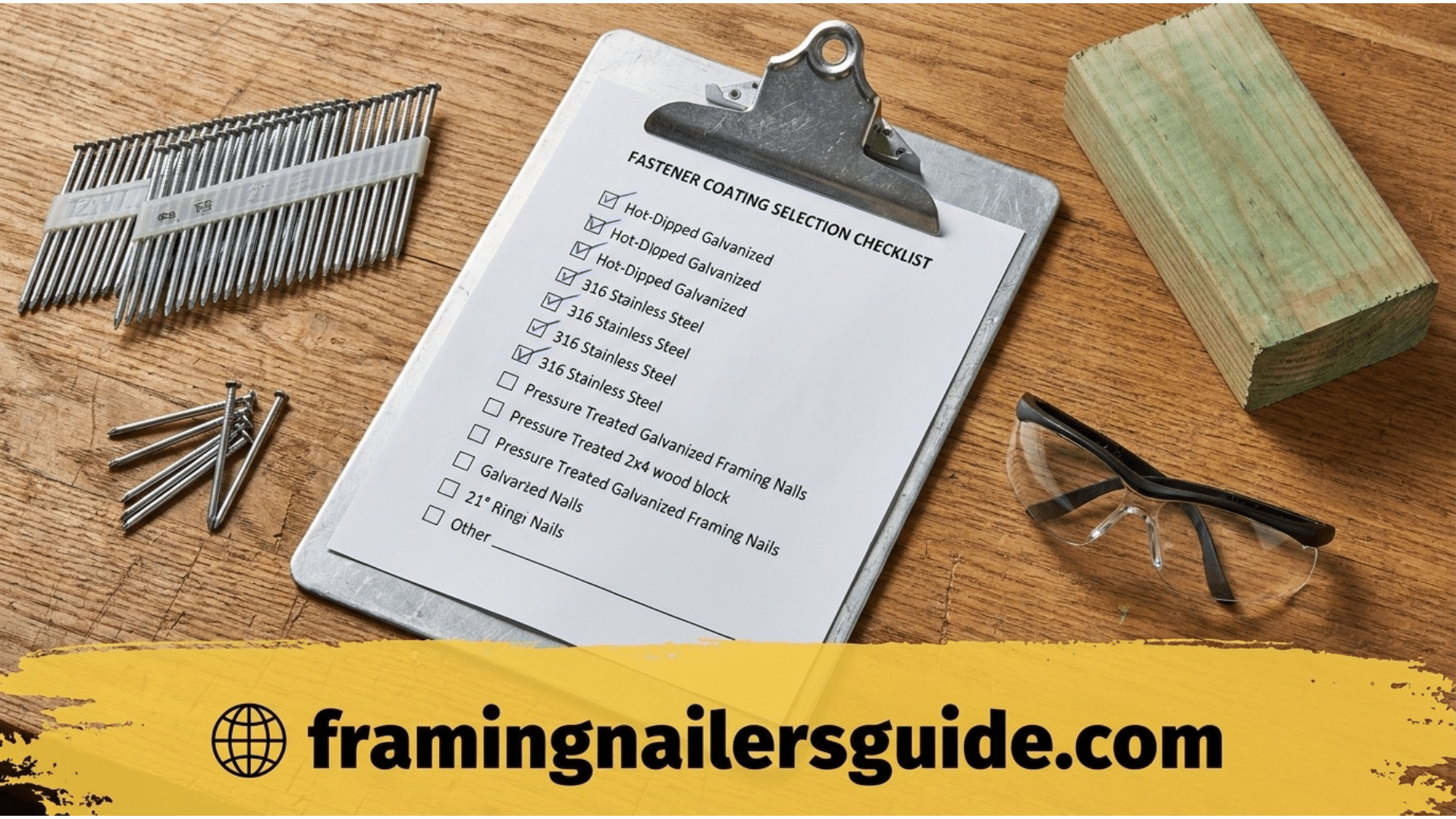 Contractor aluminum clipboard holding a pressure-treated fastener code compliance checklist next to HDG framing nails and a tape measure.