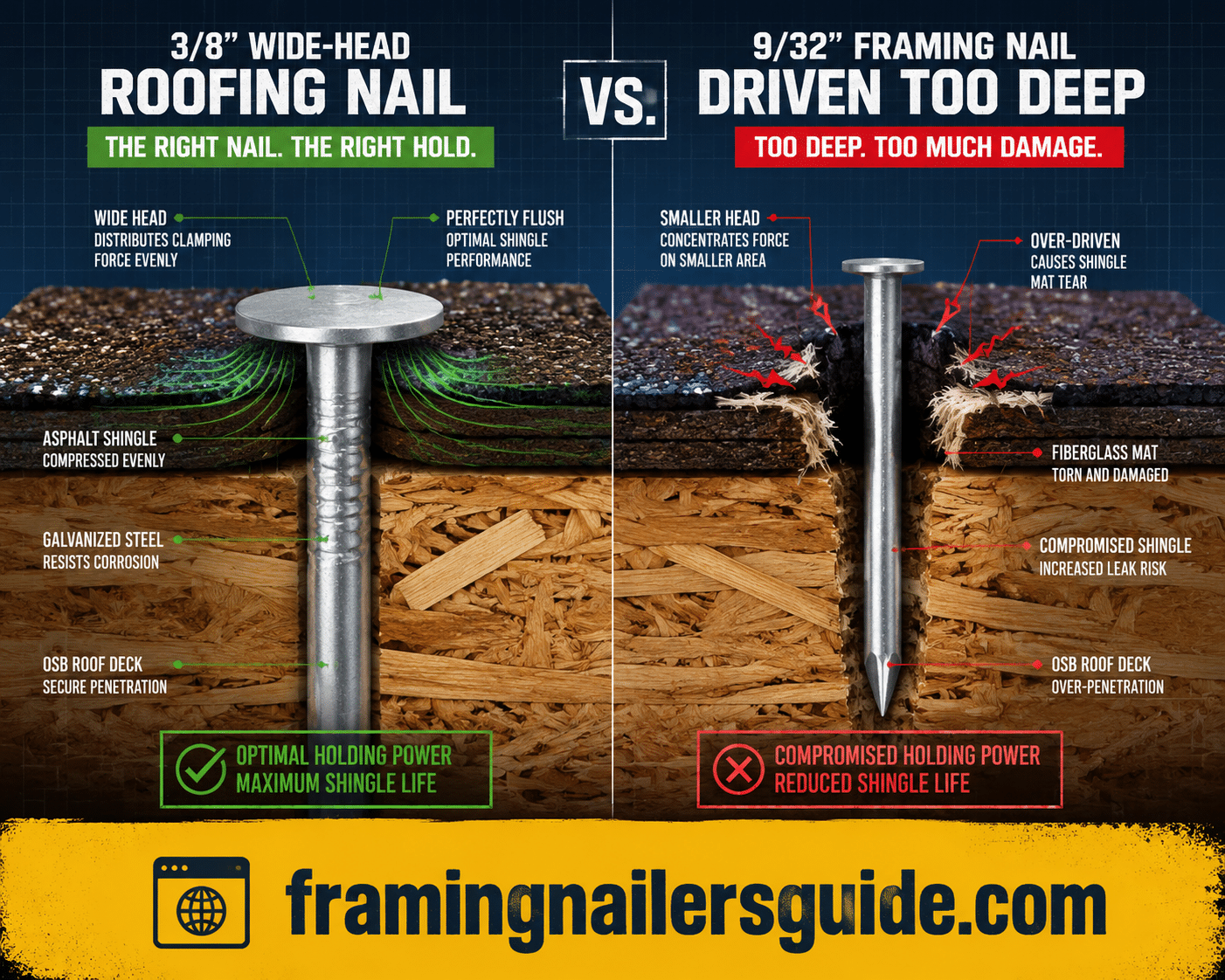 Technical cutaway diagram comparing a wide 3/8-inch roofing nail head clamping an asphalt shingle vs a 9/32-inch framing nail tearing through the fiberglass mat.