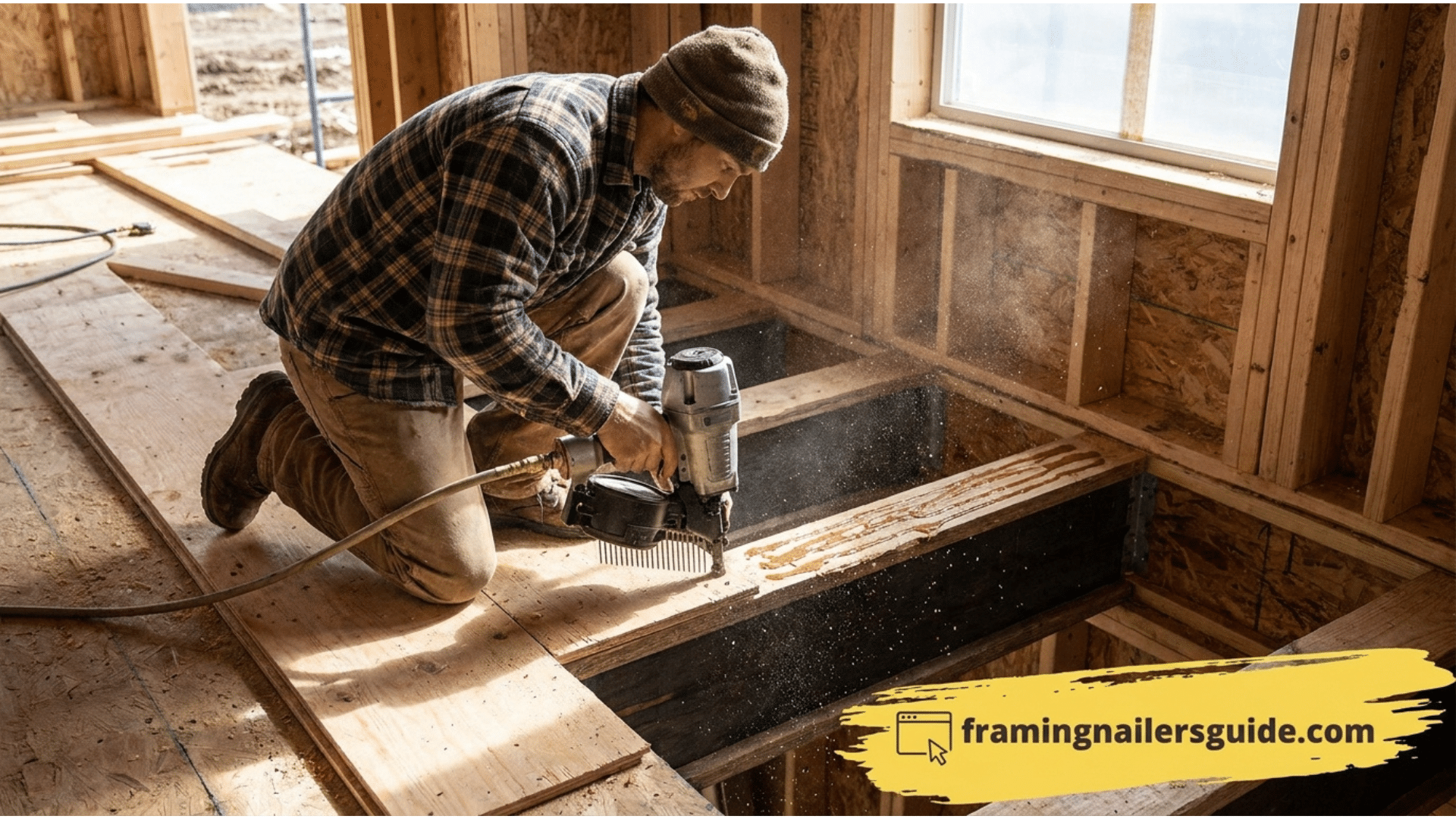 Contractor using a framing nailer to install tongue-and-groove subfloor decking with ring shank nails.