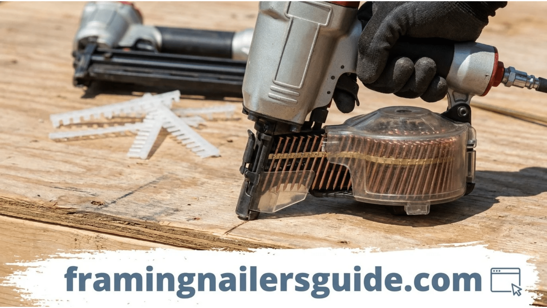 Carpenter bump-firing a coil framing nailer across plywood subflooring next to a stick nailer on a jobsite.