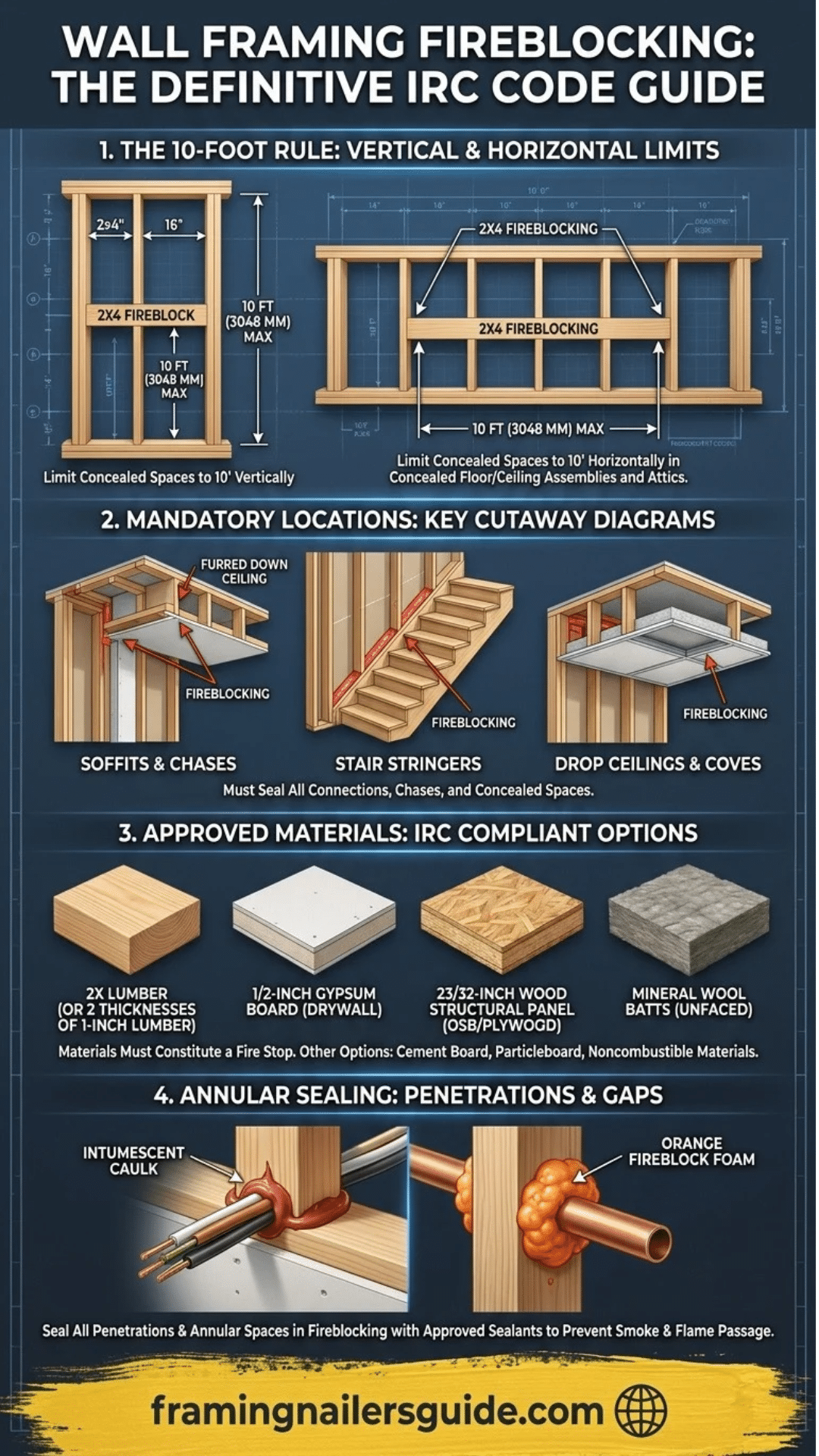 Comprehensive vertical infographic detailing IRC Section R302.11 fireblocking locations, approved materials, 10-foot intervals, and annular seal rules.